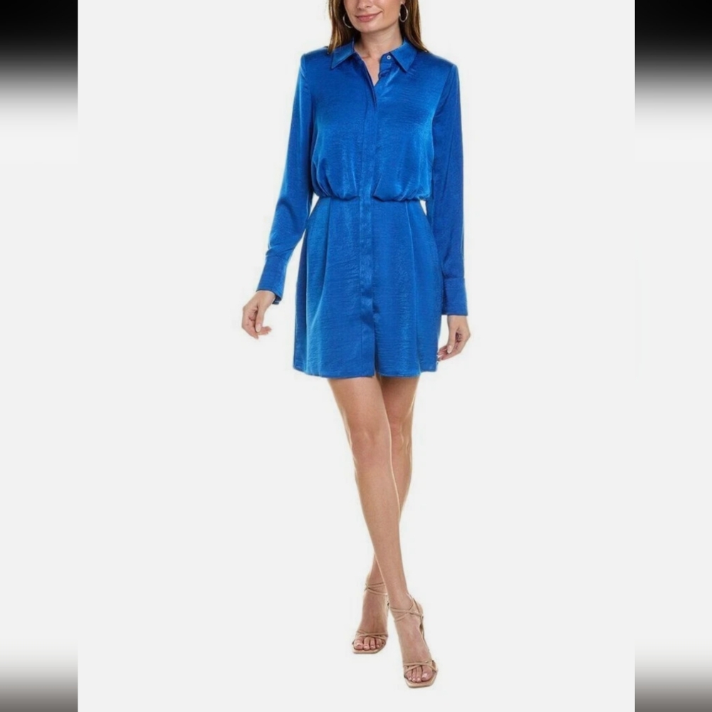 BCBG New York Long Sleeve Shirt Dress Blue Satin